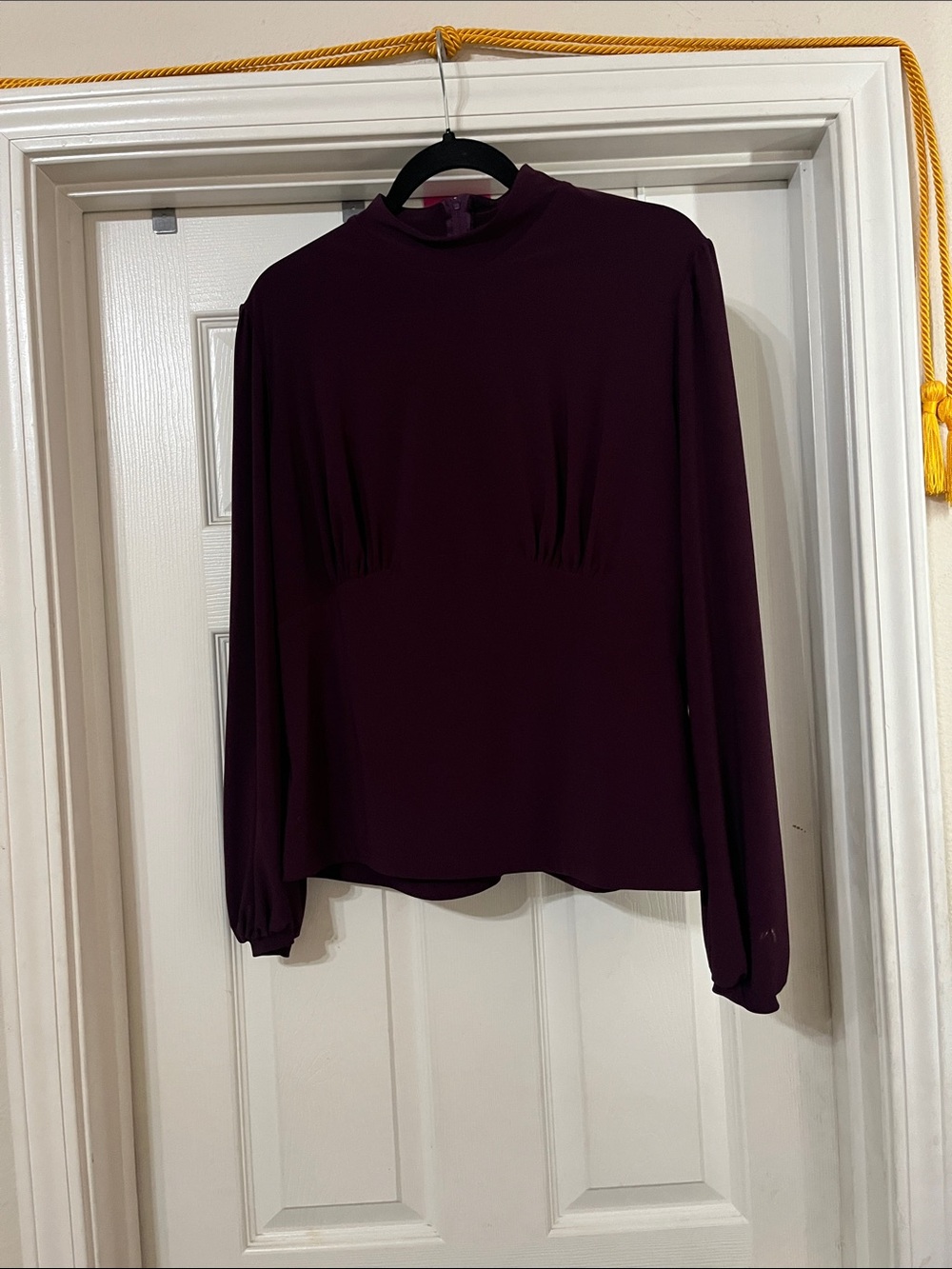 Womens Mock Neck Long-Sleeve Blouse in Deep Plum